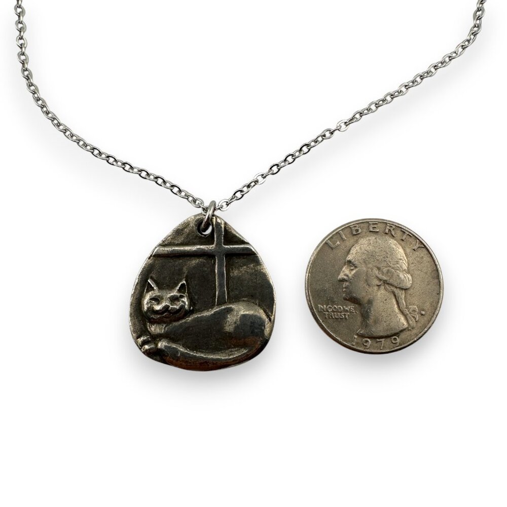 Pewter Cat in a Window Necklace Double Sided Pendant - Picture 5 of 7